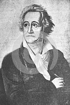 The Johann Wolfgang von Goethe`s portrait, a German writer and statesman in the old book The main ideas of zoology, by E. Perier,