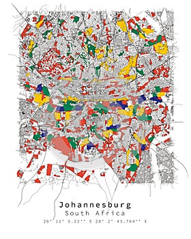 Johannesburg,South Africa Urban detail Streets Roads color Map