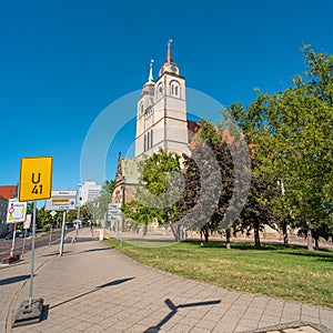 Johannis Church and crossroad street in Magdeburg, Germany, Summer