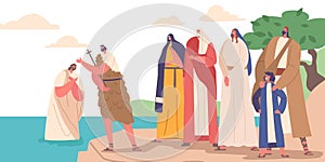 John The Baptist Baptizing Jesus In River with People Watching from Coast. Religious Scene, Spiritual Significant Moment photo