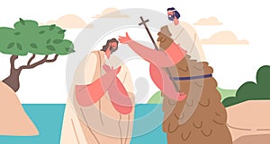 John The Baptist Character Baptizing Jesus In Serene River Biblical Scene Represent Christian Religious Historical Theme