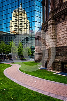 The John Hancock Building and Trinity Church in Boston, Massachusetts.