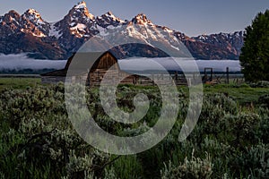 John Moulton Barn in Grand Teton National Park in the Mormon Row area at sunrise