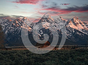 John Moulton Barn in Grand Teton National Park on Mormon Row during sunrise.