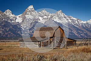 John Moulton Barn within Mormon Row Historic District in Grand Teton National Park, Wyoming - The most photographed barn in USA