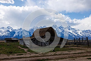 The John Moulton barn with the snow covered Teton Mountains in the background in Jackson Hole