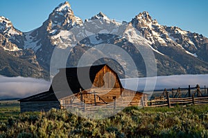 The John Moulton Barn at sunrise in Grand Teton National Park Wyoming at Morman Row