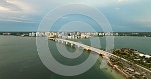 John Ringling Causeway leading from downtown to St. Armands Key in Sarasota city, Florida. Waterfront office high-rise