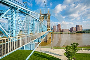 The John A. Roebling Suspension Bridge, seen from Smale Riverfront Park, in Cincinnati, Ohio