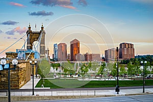 John A. Roebling Suspension Bridge Sunset, Cincinnati, Ohio