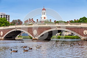 John W. Weeks Bridge and clock tower over Charles River in Harvard University campus