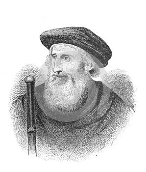 The John Wycliffe`s portrait, an English scholastic philosopher, theologian, biblical translator, reformer, priest, and a seminar