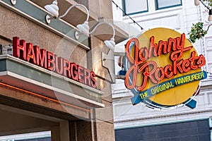 Johnny Rockets Restaurant Sign at San Jose downtown in California
