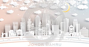 Johor Bahru Malaysia City Skyline in Paper Cut Style with White Buildings, Moon and Neon Garland
