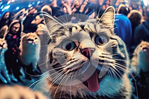 Join in on the fun with this excitable party cat as they snap a selfie in front of a lively dance crowd at disco