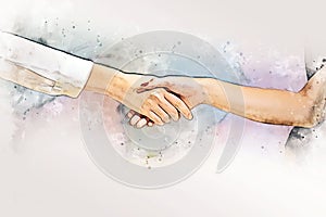 Join hands business partner concept and handshake agreement concept on watercolor painting background.