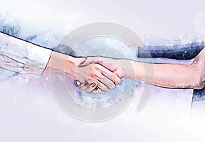 Join hands business partner concept and handshake agreement concept on watercolor painting background.