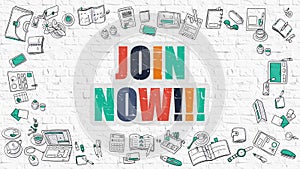 Join Now in Multicolor. Doodle Design.