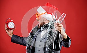 Join office party. Winter party ideas. Almost midnight. Time to celebrate new year. Christmas party. Man bearded hipster