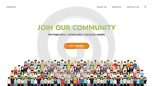 Join our community. Crowd of united people as a business or creative community standing together