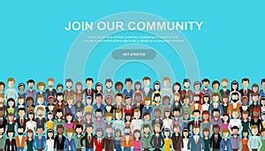 Join our community. Crowd of united people as a business or creative community standing together. Flat concept