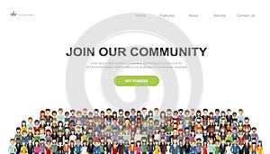 Join our community. Crowd of united people as a business or creative community standing together. Flat concept vector