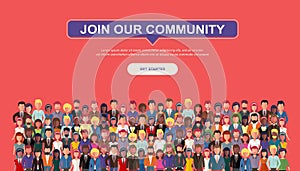 Join our community. Crowd of united people as a business or creative community standing together. Flat concept vector website temp