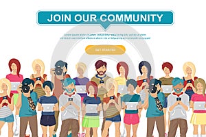 Join our community. Crowd of united people as a business or creative community standing together. Flat concept vector website temp