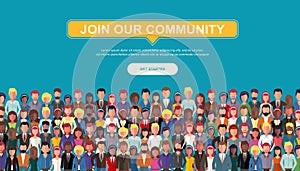 Join our community. Crowd of united people as a business or creative community standing together. Flat concept vector website temp