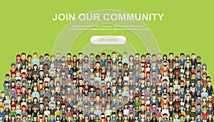 Join our community. Crowd of united people as a business or creative community standing together. Flat concept vector website temp