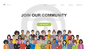 Join our community. Crowd of united people as a business or creative community standing together. Flat concept vector website temp