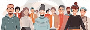 Join our community. Crowd of united people as a business or creative community standing together. Flat concept vector website temp