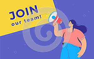 Join our creative team concept illustration of happy woman shouting on megaphone to invite new teammates