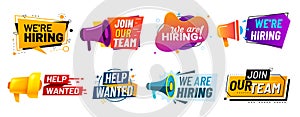 Join our team banners. We are hiring communication poster, help wanted advertising banner with speaker and vacant badge