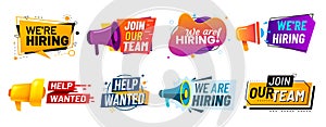 Join our team banners. We are hiring communication poster, help wanted advertising banner with speaker and vacant badge photo
