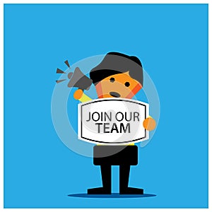 Join our team and businessman. Vector illustration on blue background