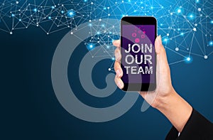 Join our team concept. Join our team on smartphone screen in bus photo