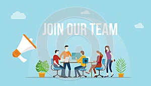 Join our team concept with team people working together on the desk