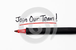 Join our team handwriting text on white paper with red marker pen