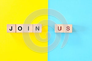 Join Us job invitation announcement in blocks typography. Recruitment and job hiring concept.