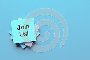 Join us - note at blue background with copy space for text, template or mockup