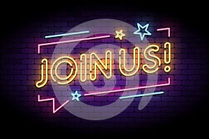 Join us sign in glowing neon style with speech bubble