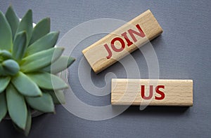 Join us symbol. Concept word Join us on wooden blocks. Beautiful grey background with succulent plant. Business and Join us