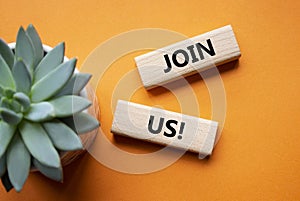 Join us symbol. Concept word Join us on wooden blocks. Beautiful orange background with succulent plant. Business and Join us