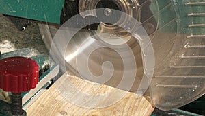 Joiner cut a wooden plank with circular saw, close up.
