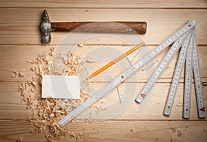 Joinery tools on wood table background with