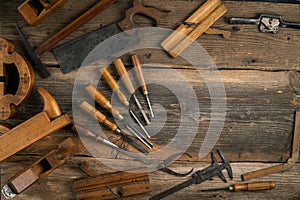 Joinery tools on wood table background with copy space