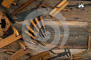 Joinery tools on wood table background with copy space