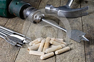 Joinery tools in a workshop. Drill, hammer and other tools on a