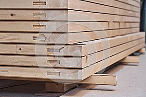 Joinery. Wood door manufacturing process. Stacked door leafs. Furniture manufacture